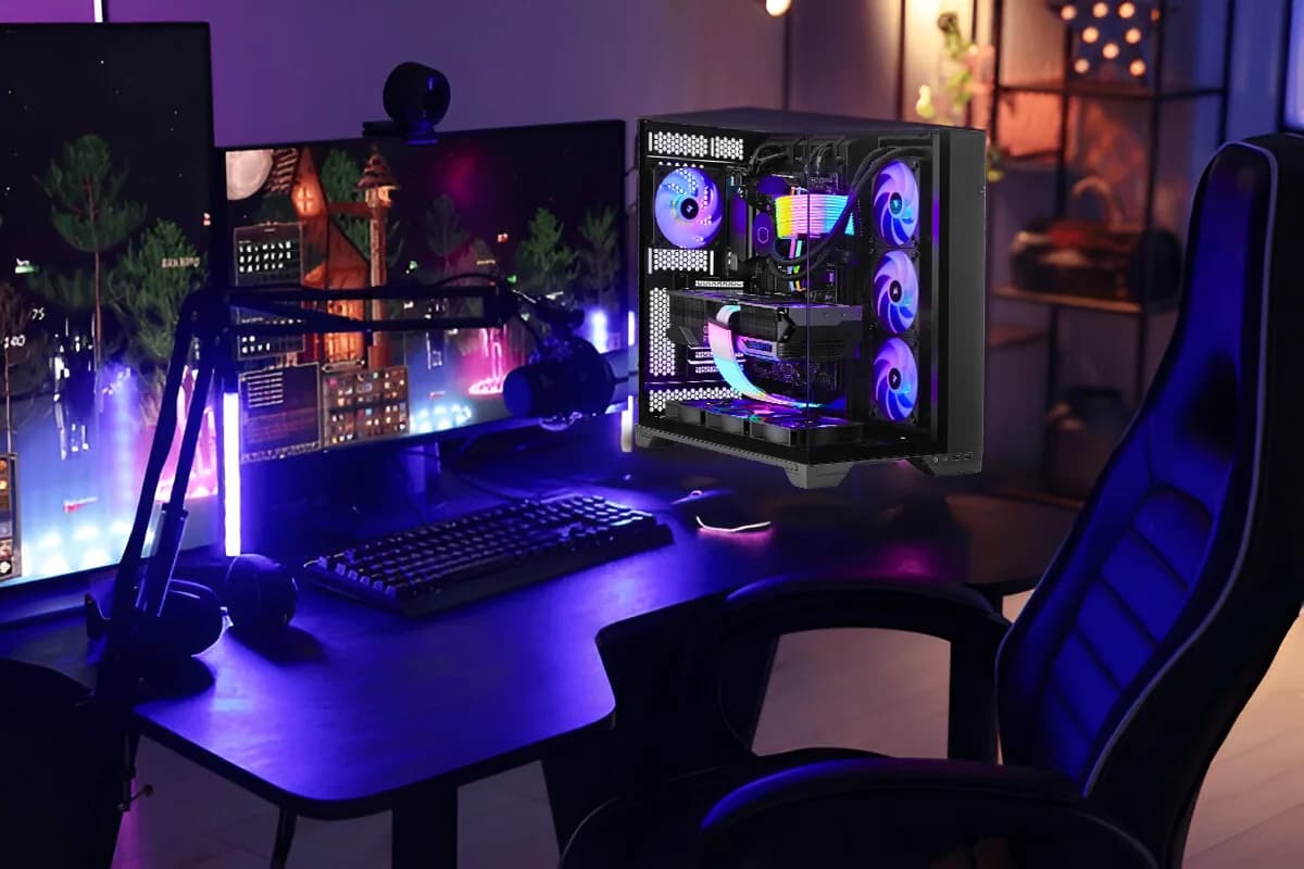 Bureau gaming avec PC transparent aux composants RGB, double ecran, clavier mecanique et fauteuil gamer dans une ambiance bleu violet
