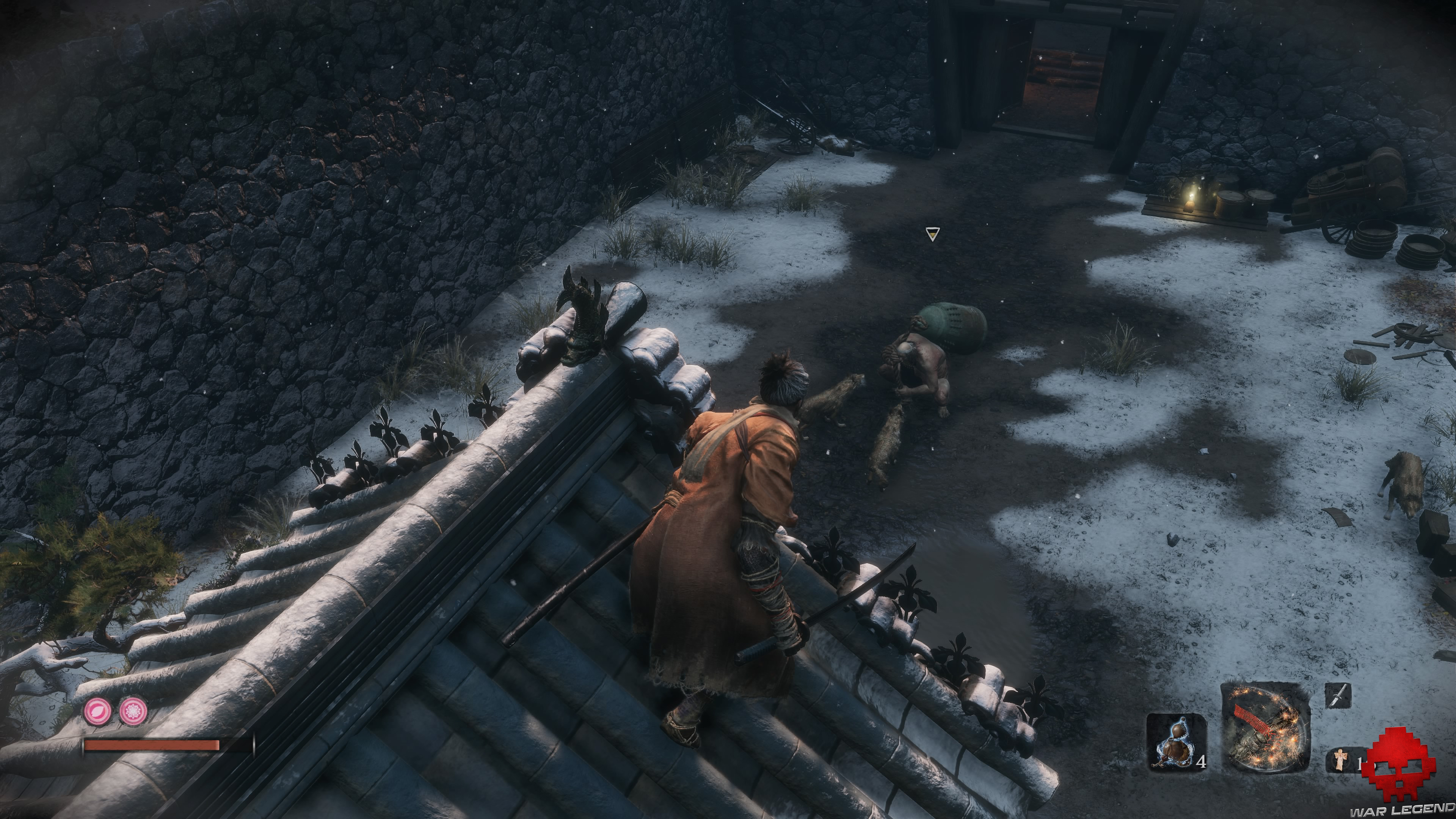 Soluce Sekiro Château Ashina ennemi armé d'une cloche et accompagné de 3 chiens