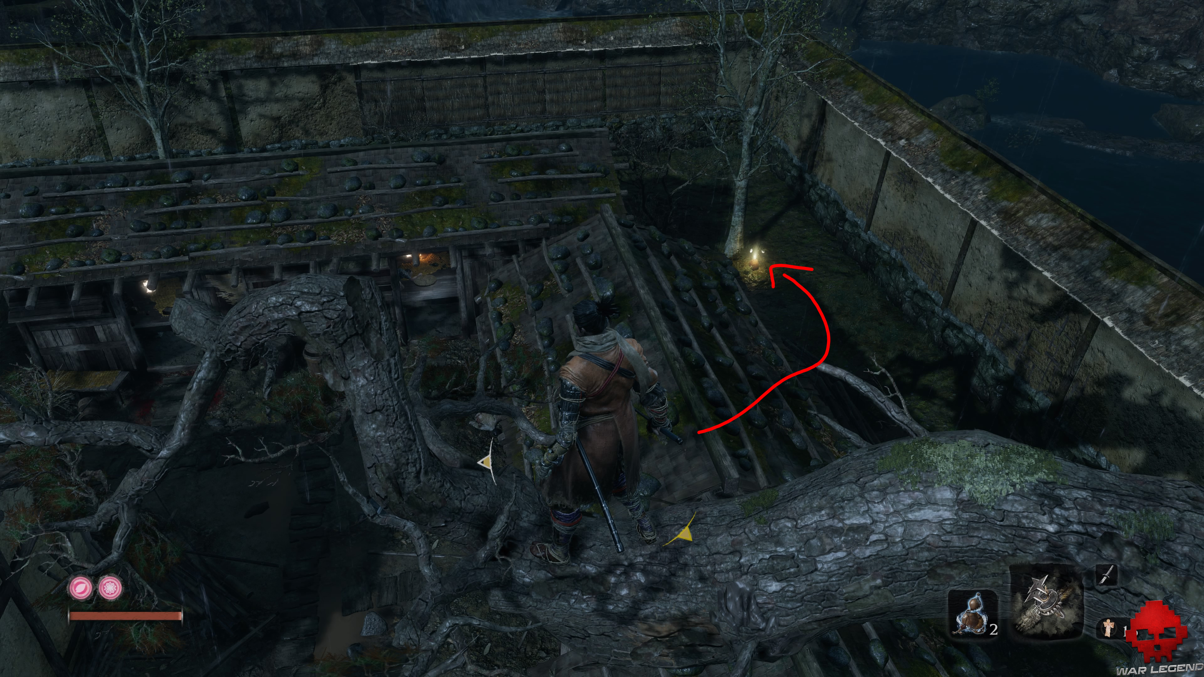 Soluce Sekiro: Shadows Die Twice Manoir Hirata sac au pied d'un arbre