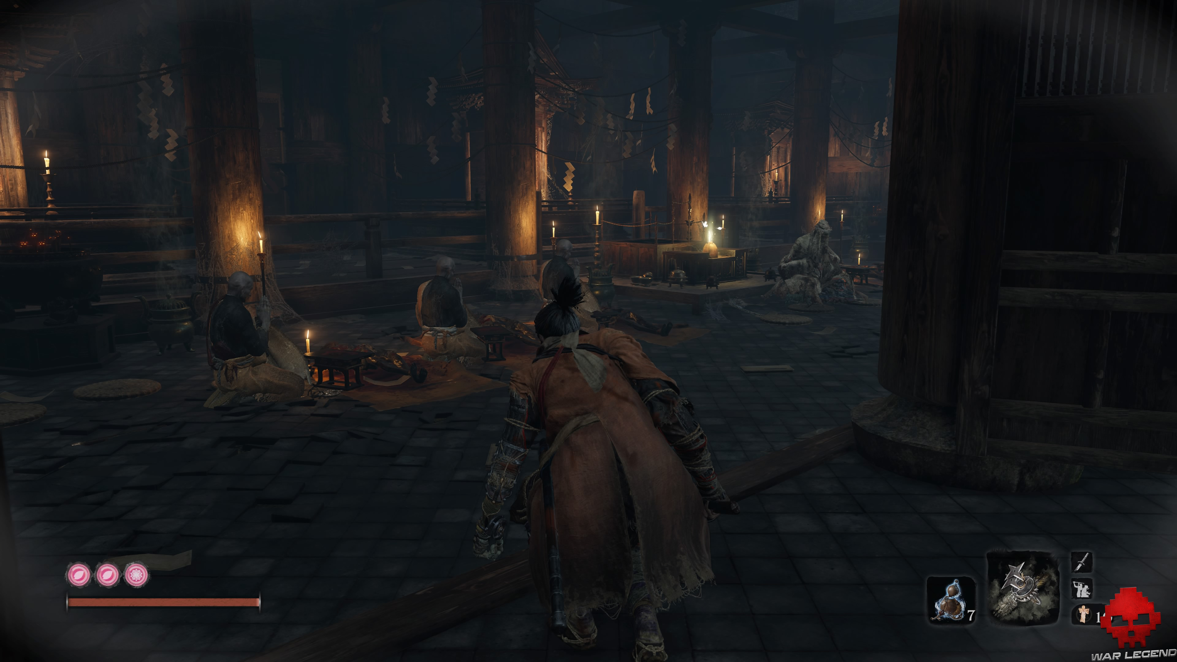 Soluce Sekiro temple senpo mont kongo moines en prière devant créature