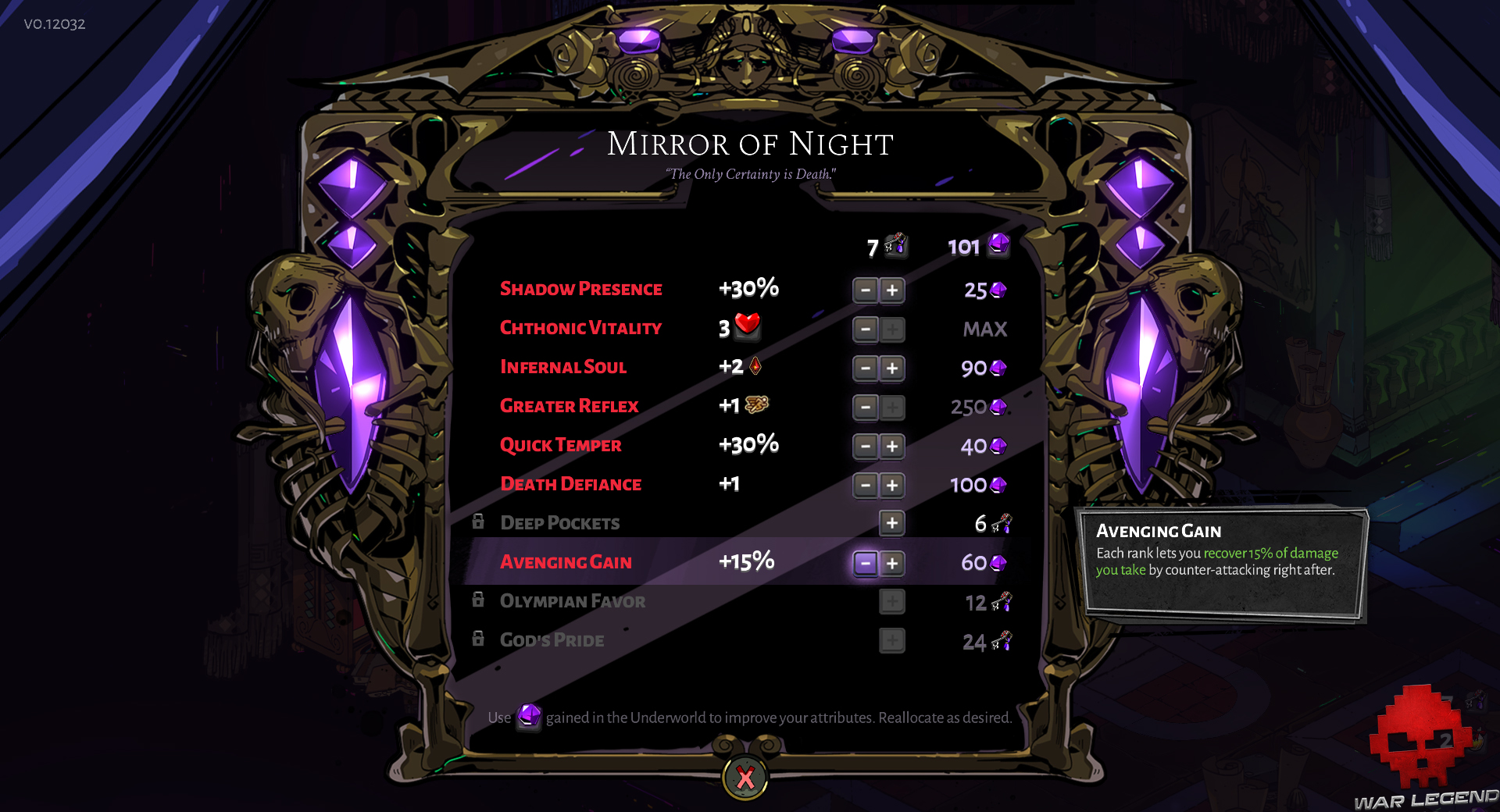 Test Hades tableau d'amélioration des stats