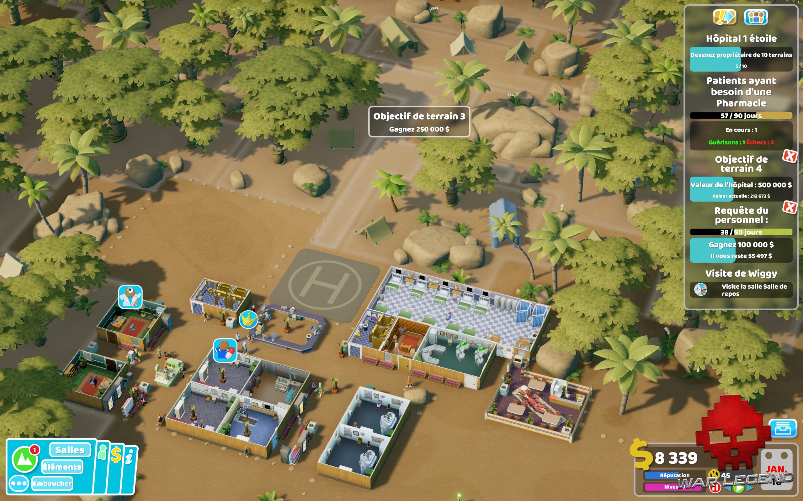 Test Two Point Hospital: Pebberley Island - Différentes parcelles disponibles à l'achat