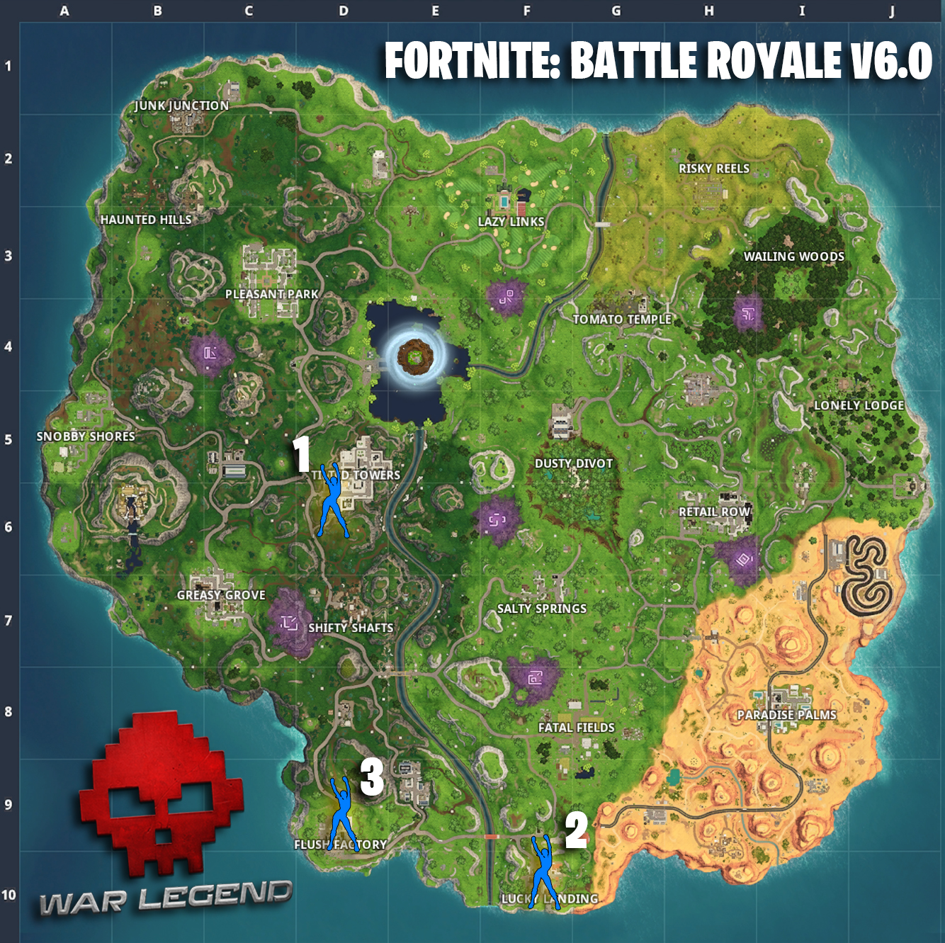 Carte du Guide Fortnite Saison 6 : semaine 4 - Danser au sommet de différents monuments