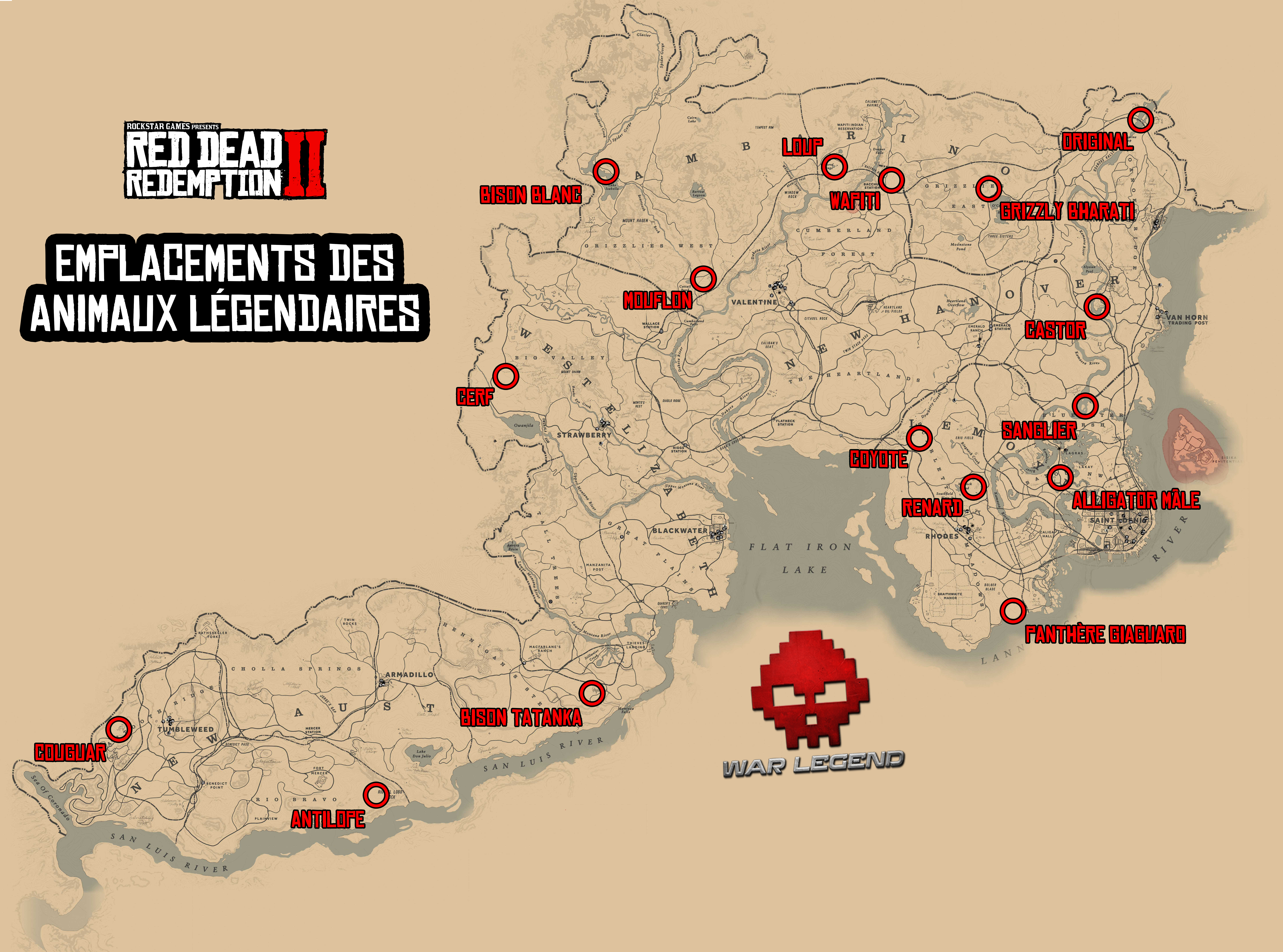 guide red dead redemption 2 guide de la chasse - emplacements des animaux legendaires