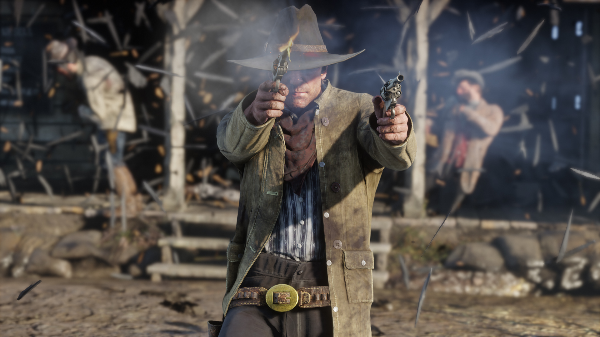 Red Dead Redemption 2 Arthur Morgan fait feu de ses deux revolvers