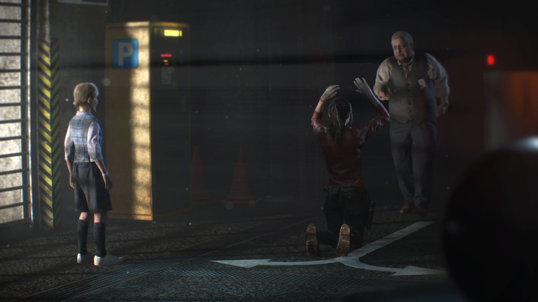 Sherry regardant Claire Redfield à genoux, mise en joug par un homme Resident Evil 2 Remake