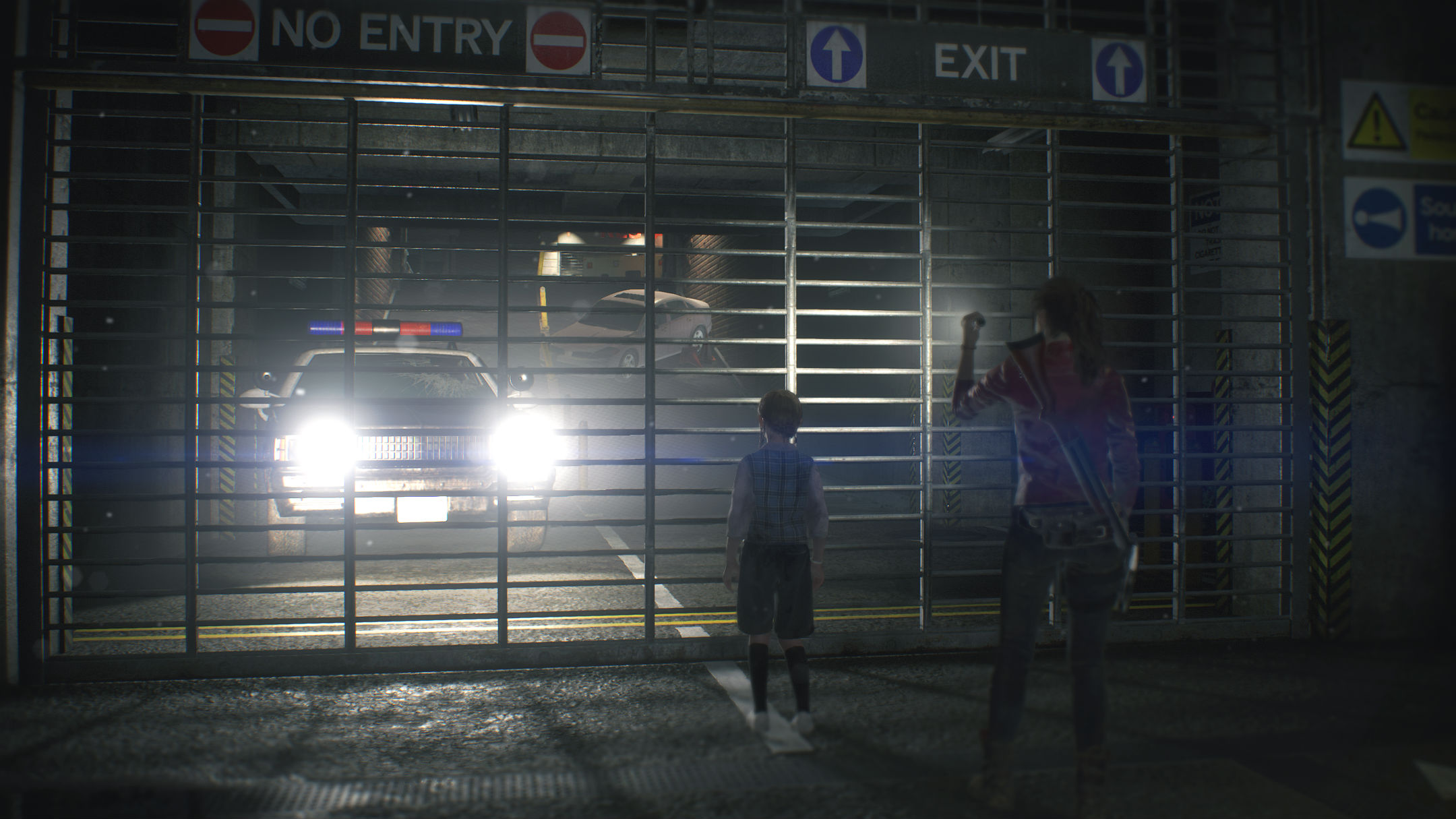 Grille séparant une voiture de police de Claire Redfield et Sherry Resident Evil 2 Remake