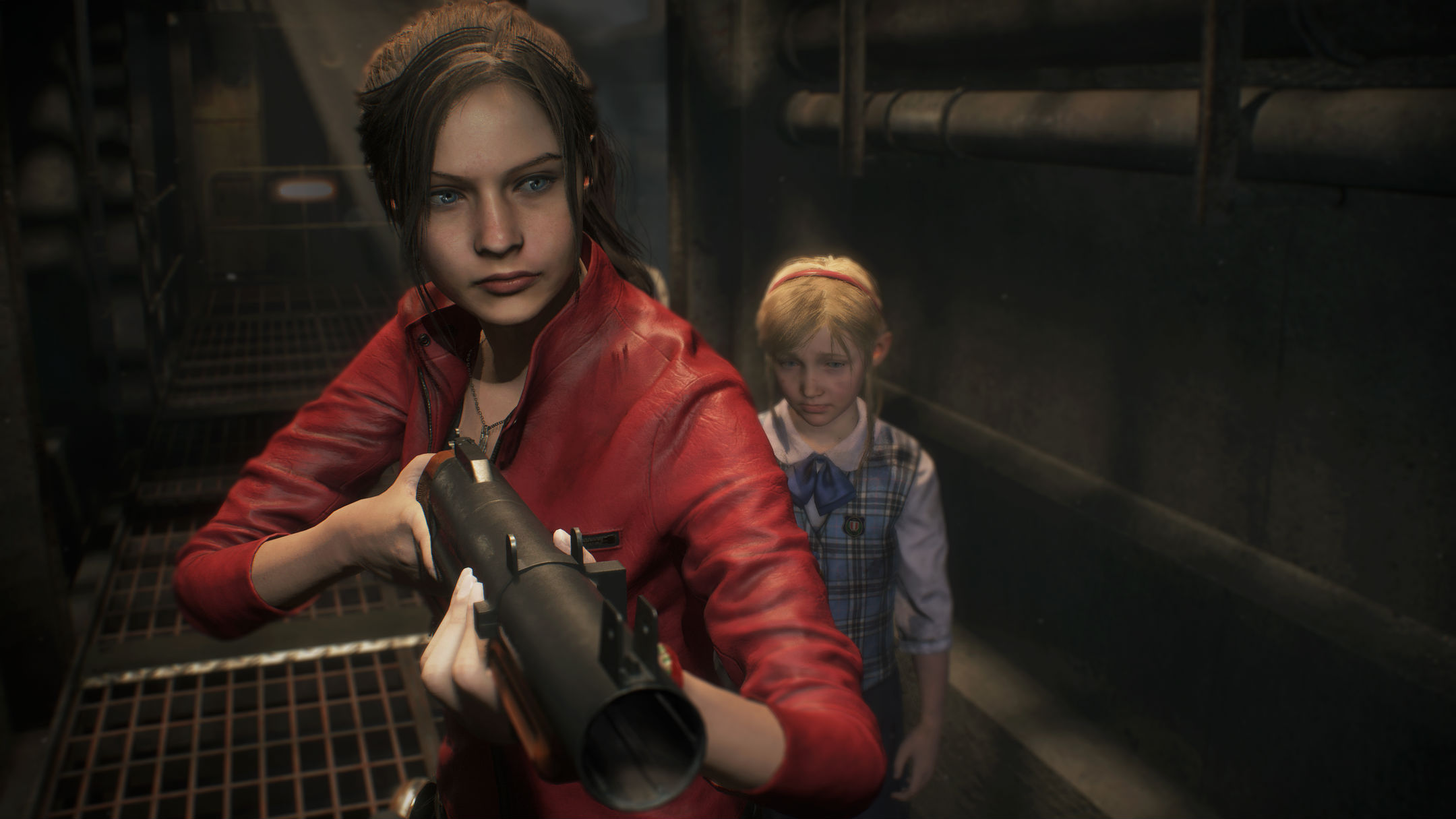 Claire Redfield armée devant Sherry Resident Evil 2 Remake