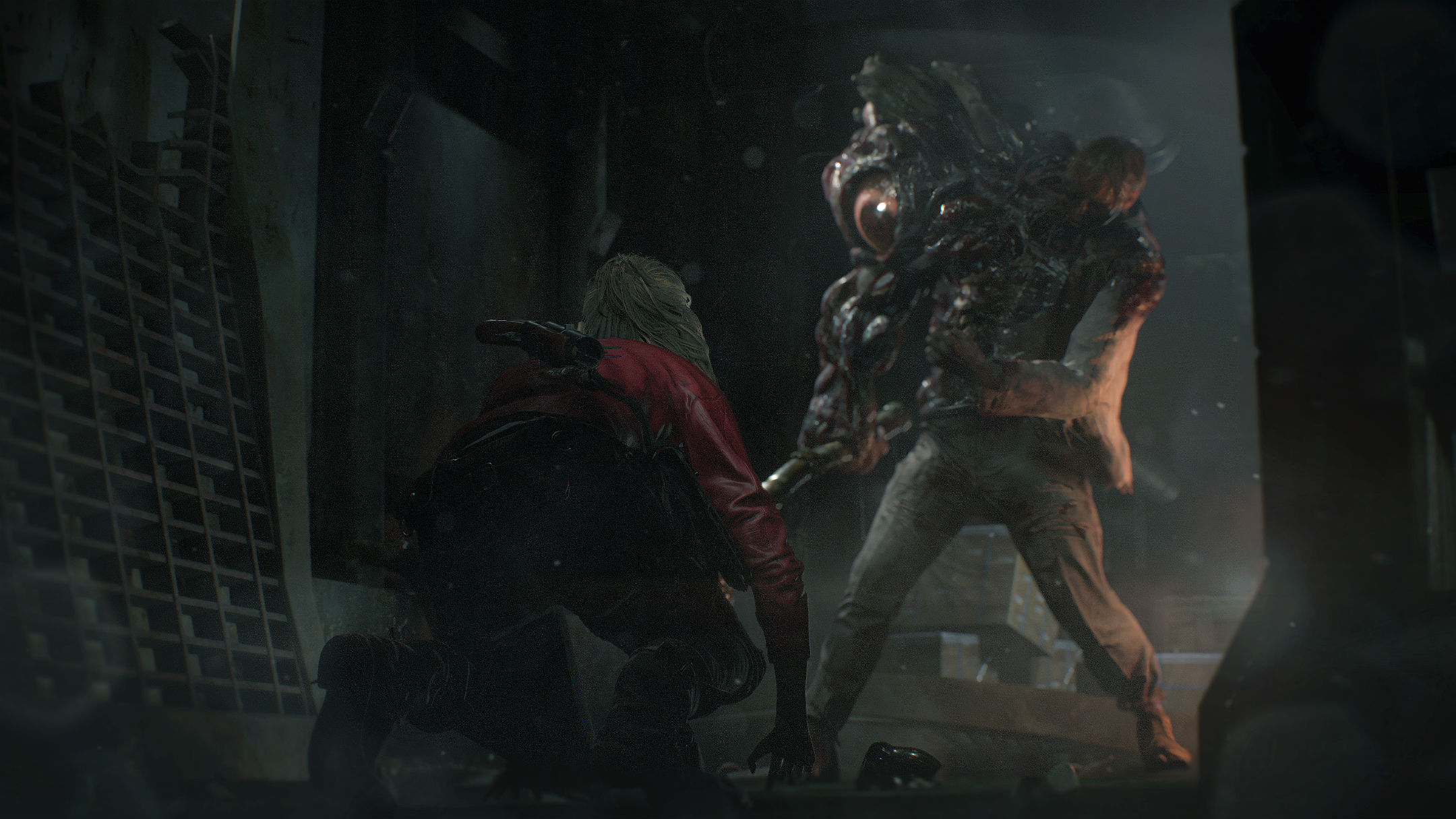 Claire Redfield accroupie face à un monstre Resident Evil 2 Remake