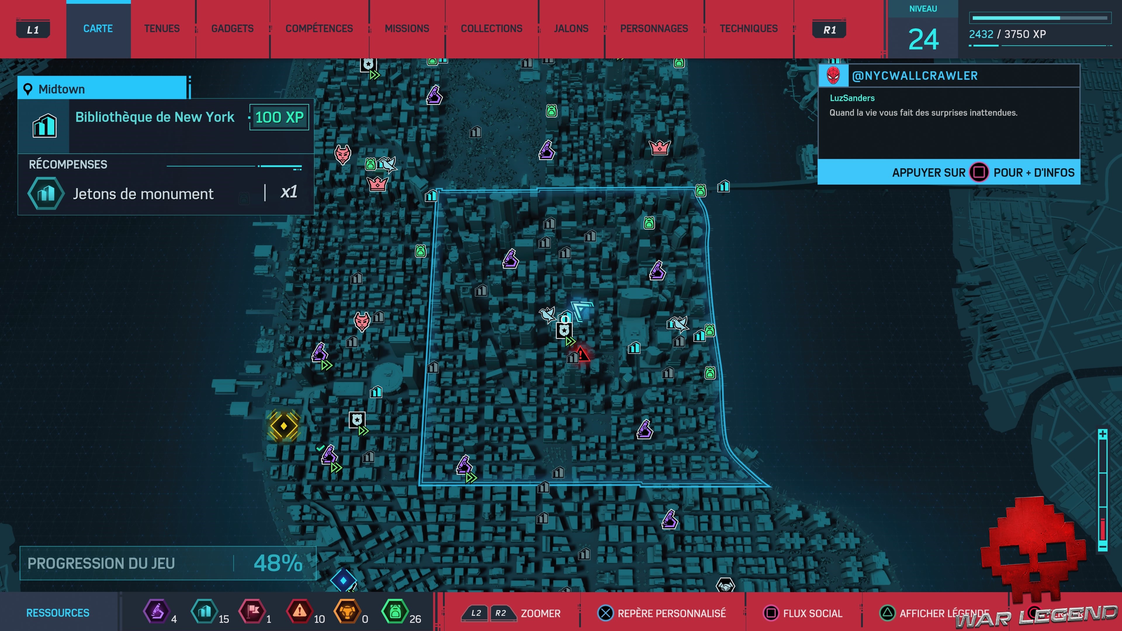 Spider-Man Monuments Midtown Bibliothèque de New York carte 