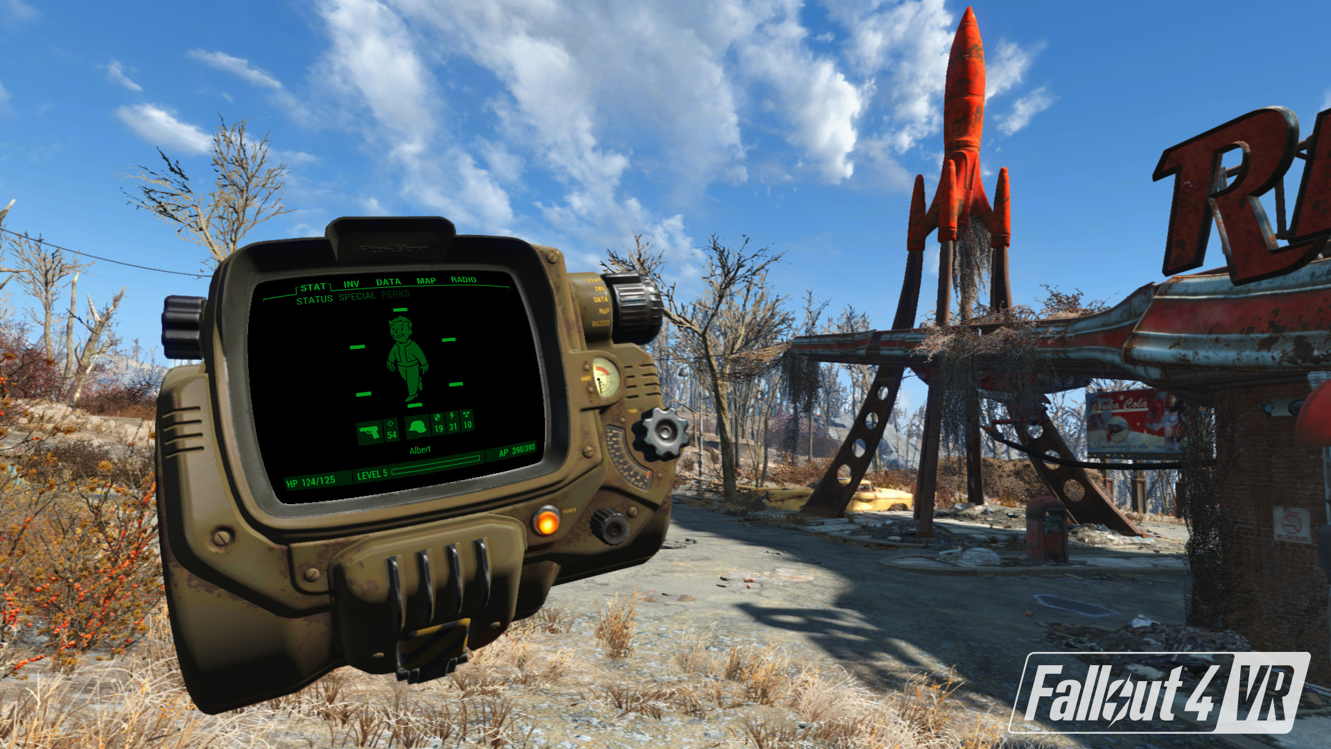 Fallout 4 VR, pip-boy levé devant les yeux du joueur