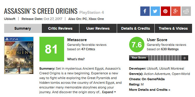 note globale metacritic assassin's creed origins