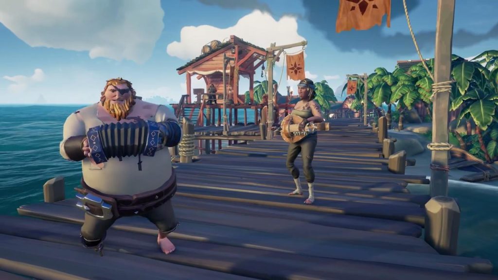 Des pirates jouant d'instruments dans sea of thieves