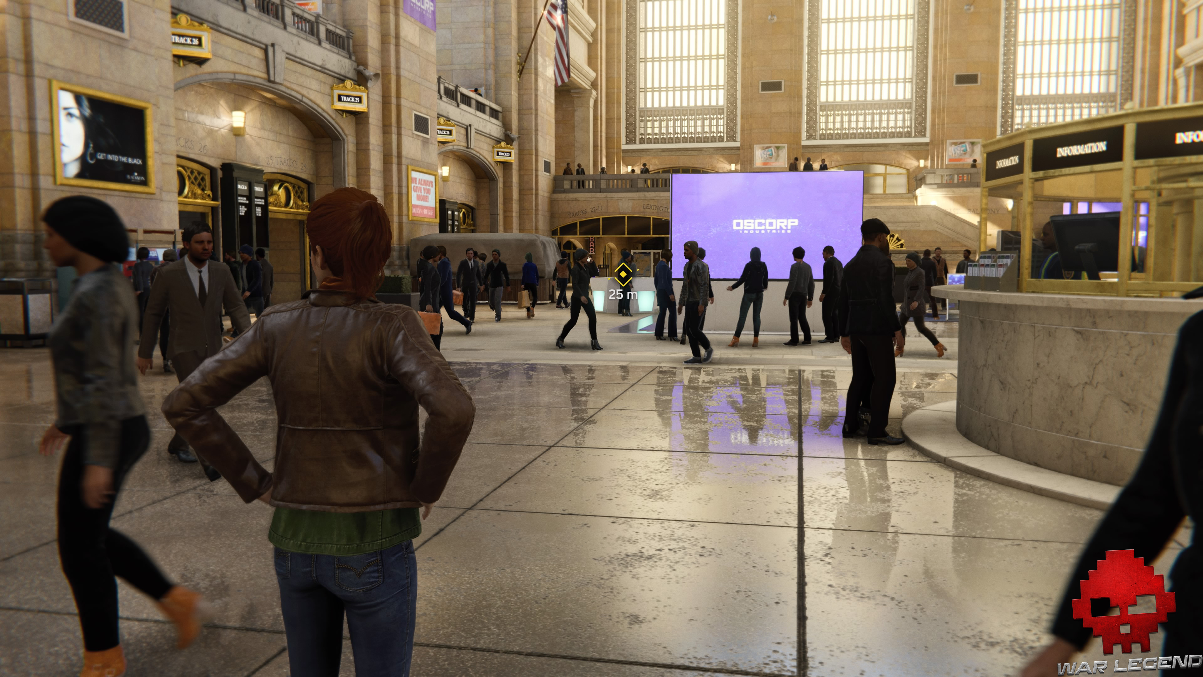 solution spider-man le fugitif - Marie-Jane dans un grand hall d'écrans Oscorp