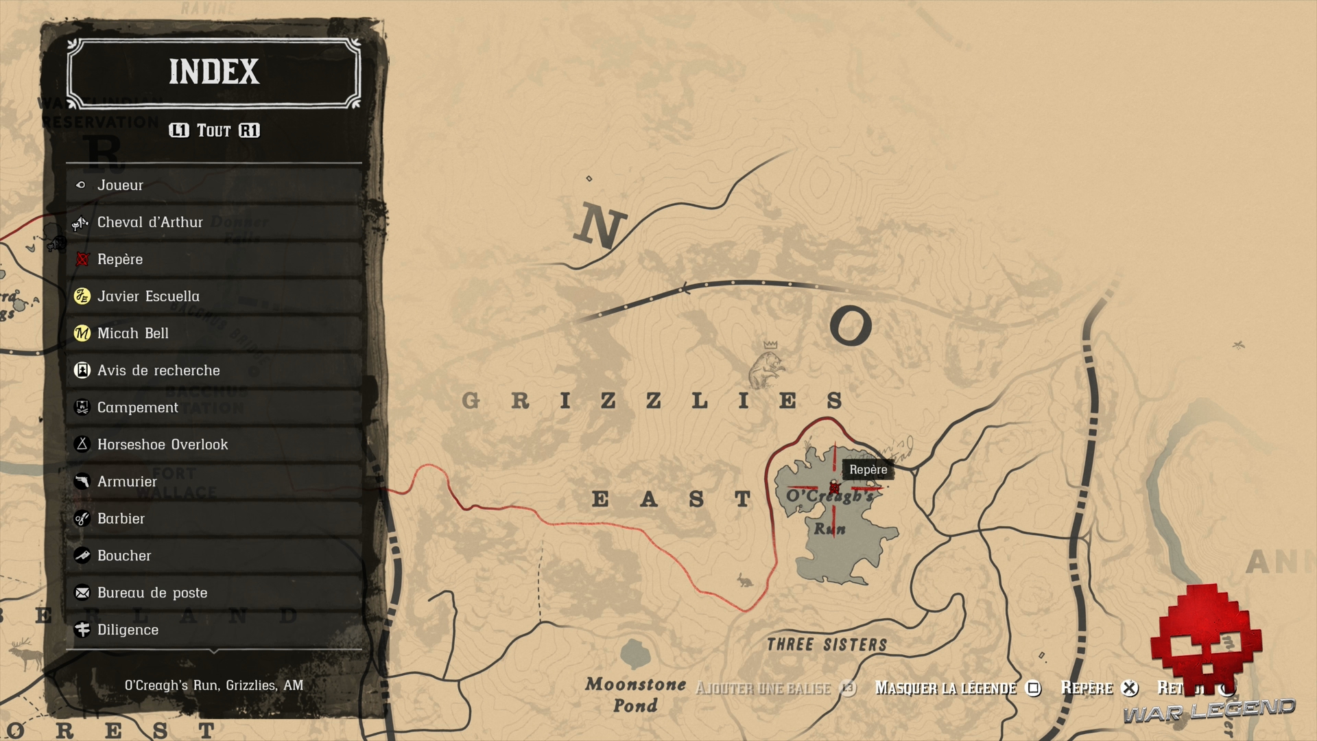 Soluce Red Dead Redemption 2 Le trésor de Jack Hall emplacement sur la carte de O'Creagh's Run