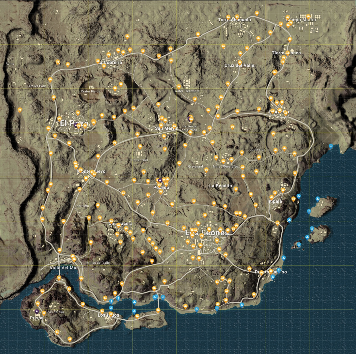 PUBG Guide Miramar, carte détaillée des points d'intérêt